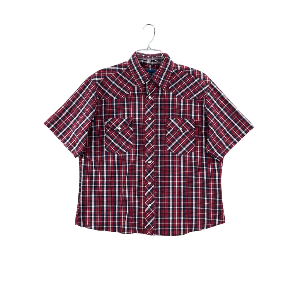 Wrangler Western Shirt Mens L Red Plaid Pearl Snap *CROPPED Cowboy Rodeo